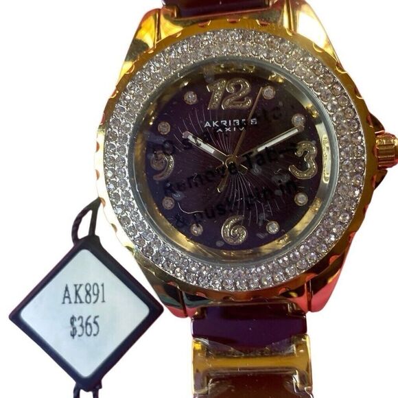 Akribos XXIV Womens Watch Metal Ceramic Band Gold Tone Gem Case 39mm AK891BRG - Picture 3 of 12